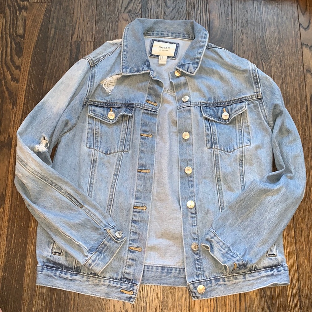Forever 21 Distressed Medium Wash Jean Denim Jacket